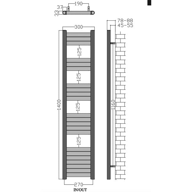  300mm Wide - 1400mm High Aluminium Black Designer Heated Towel Rail Radiator drawing