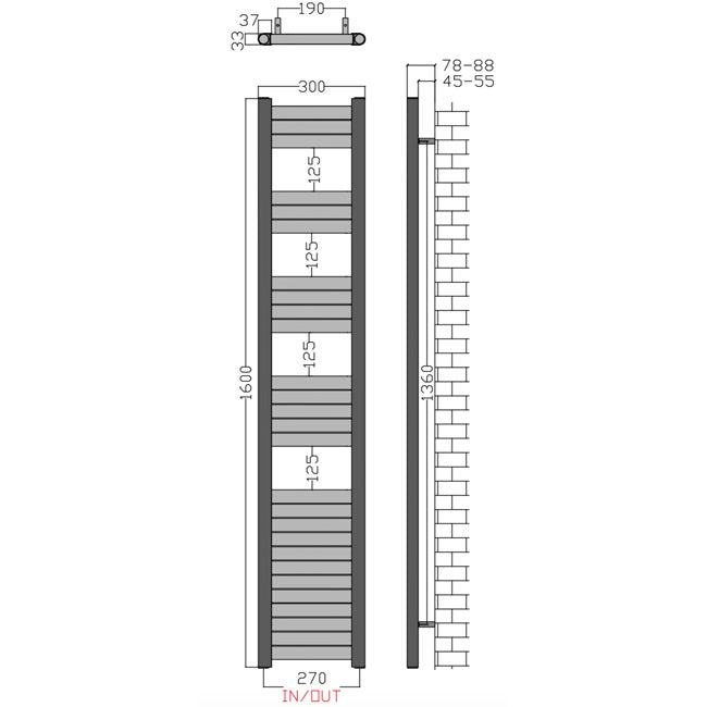  300mm Wide - 1600mm High Aluminium Black Designer Heated Towel Rail Radiator Drawing