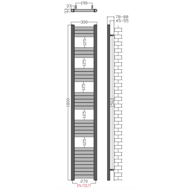  300mm Wide - 1800mm High Aluminium Black Designer Heated Towel Rail Radiator drawing