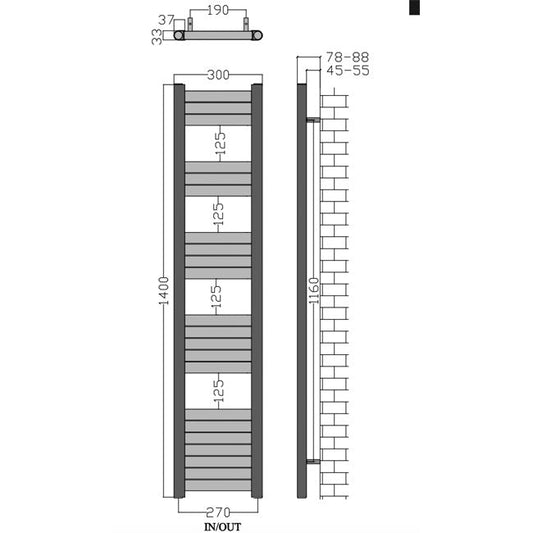 300mm Wide – 1400mm High Aluminium Eloksal Designer Heated Towel Rail Radiator Drawing 