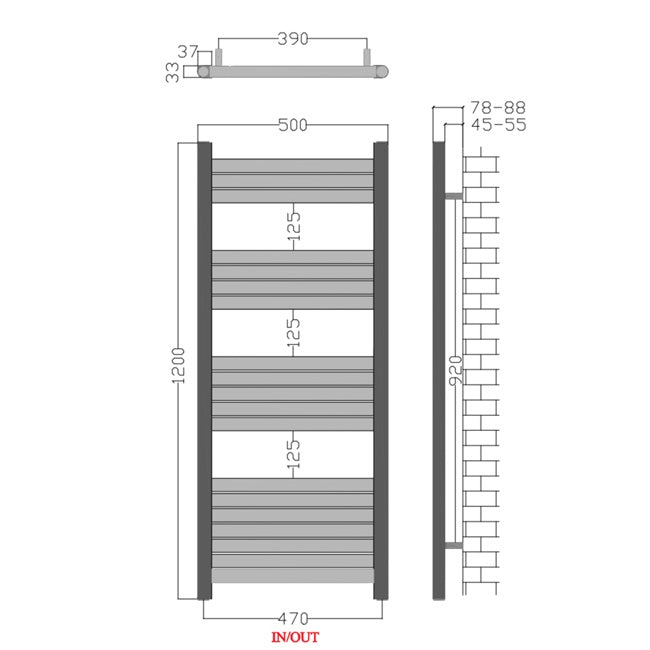  500mm Wide - 1200mm High Aluminium Black Designer Heated Towel Rail Radiator drawing