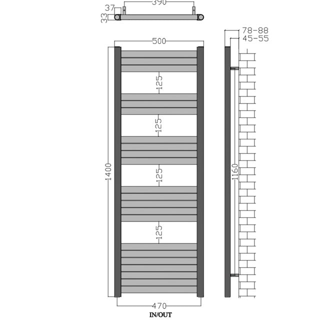  500mm Wide - 1400mm High Aluminium Black Designer Heated Towel Rail Radiator Drawing