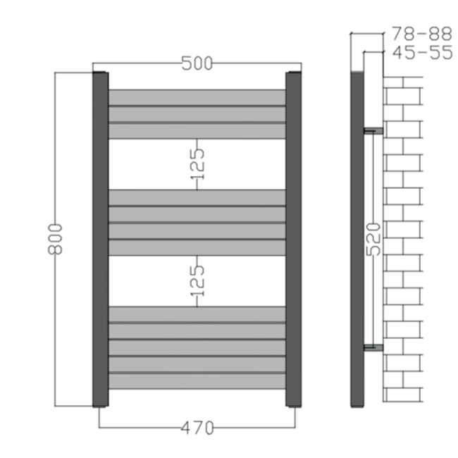 500mm Wide - 800mm High Aluminium Black Designer Heated Towel Rail Radiator