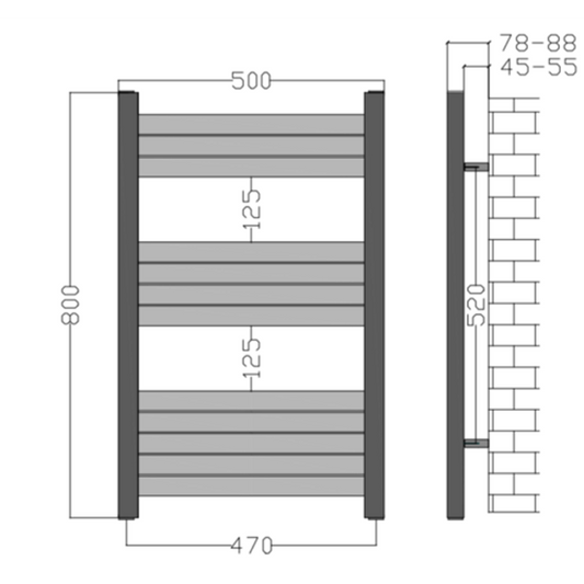 500mm Wide - 800mm High Aluminium Black Designer Heated Towel Rail Radiator 