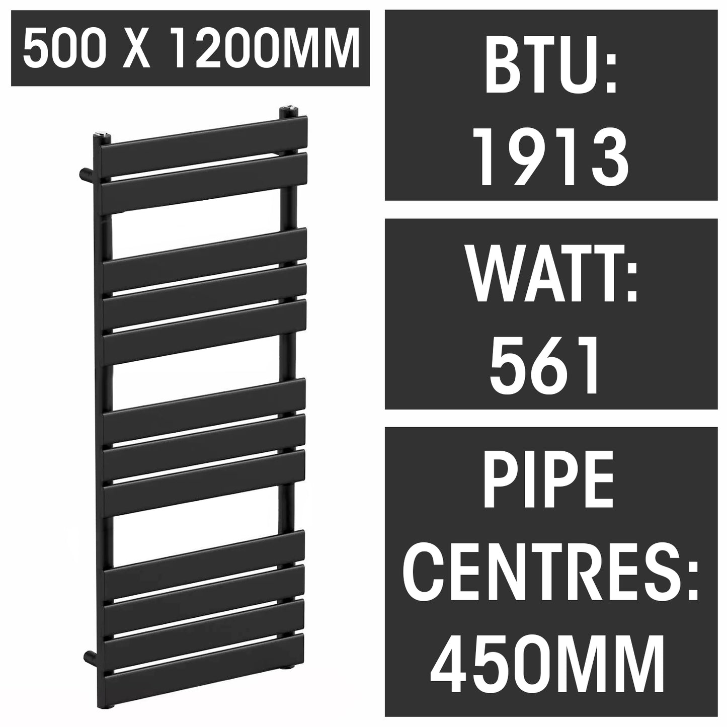  500mm Wide  x 1200mm Matt Black Designer Bathroom Heated Panel Towel Rail Radiator