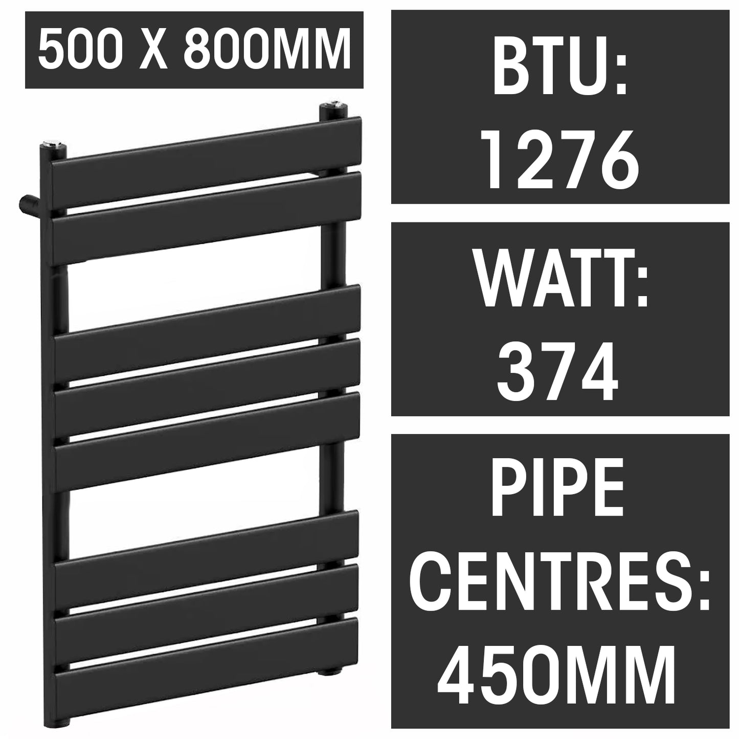  Dual Fuel 500 x 800mm Flat Panel Matt Black Heated Towel Rail - (incl. Valves + Electric Heating Kit)