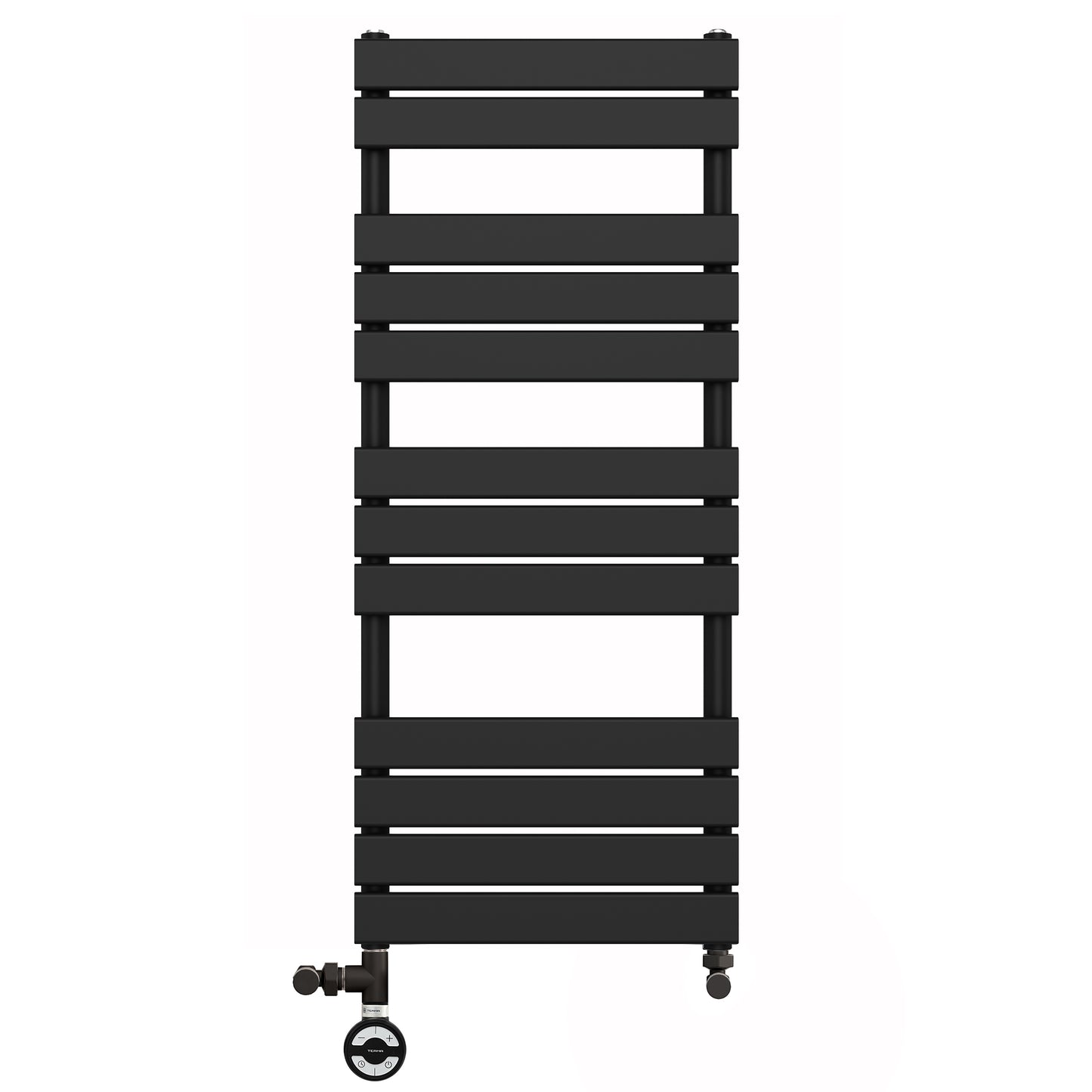  Dual Fuel 500 x 1200mm Flat Panel Matt Black Heated Towel Rail - (incl. Valves + Electric Heating Kit)