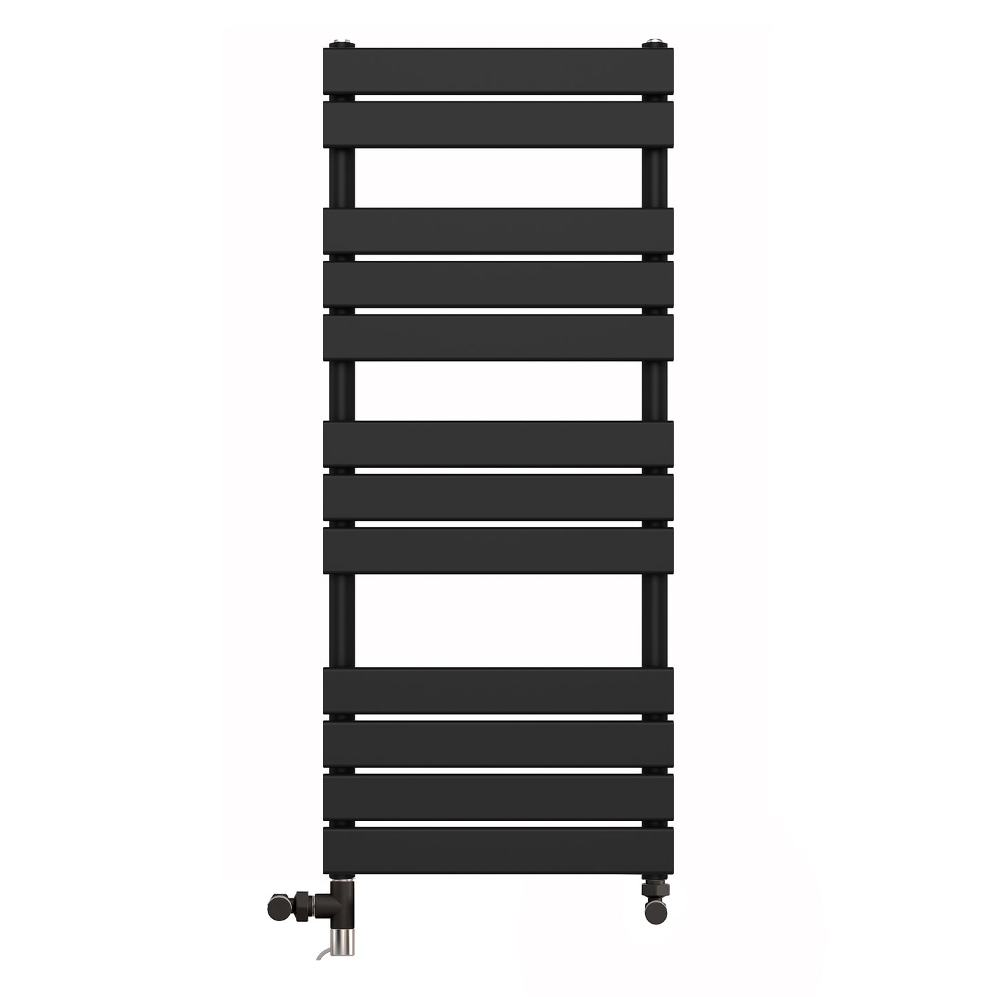  Dual Fuel 500 x 1200mm Flat Panel Matt Black Heated Towel Rail - (incl. Valves + Electric Heating Kit)