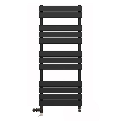  Dual Fuel 500 x 1200mm Flat Panel Matt Black Heated Towel Rail - (incl. Valves + Electric Heating Kit) 