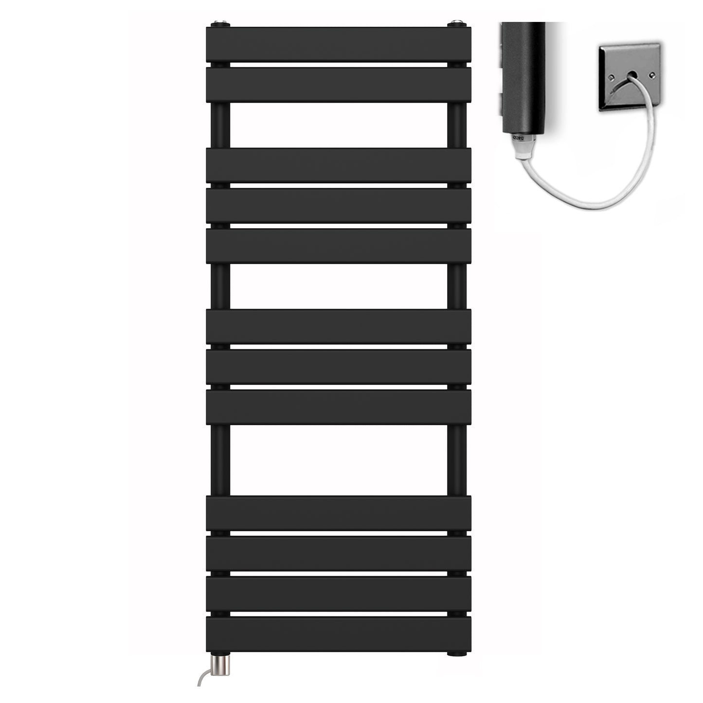  500mm Wide  x 1200mm Matt Black Designer Bathroom Electric Heated Panel Towel Rail Radiator