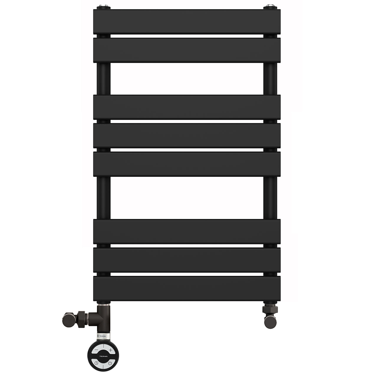  Dual Fuel 500 x 800mm Flat Panel Matt Black Heated Towel Rail - (incl. Valves + Electric Heating Kit)