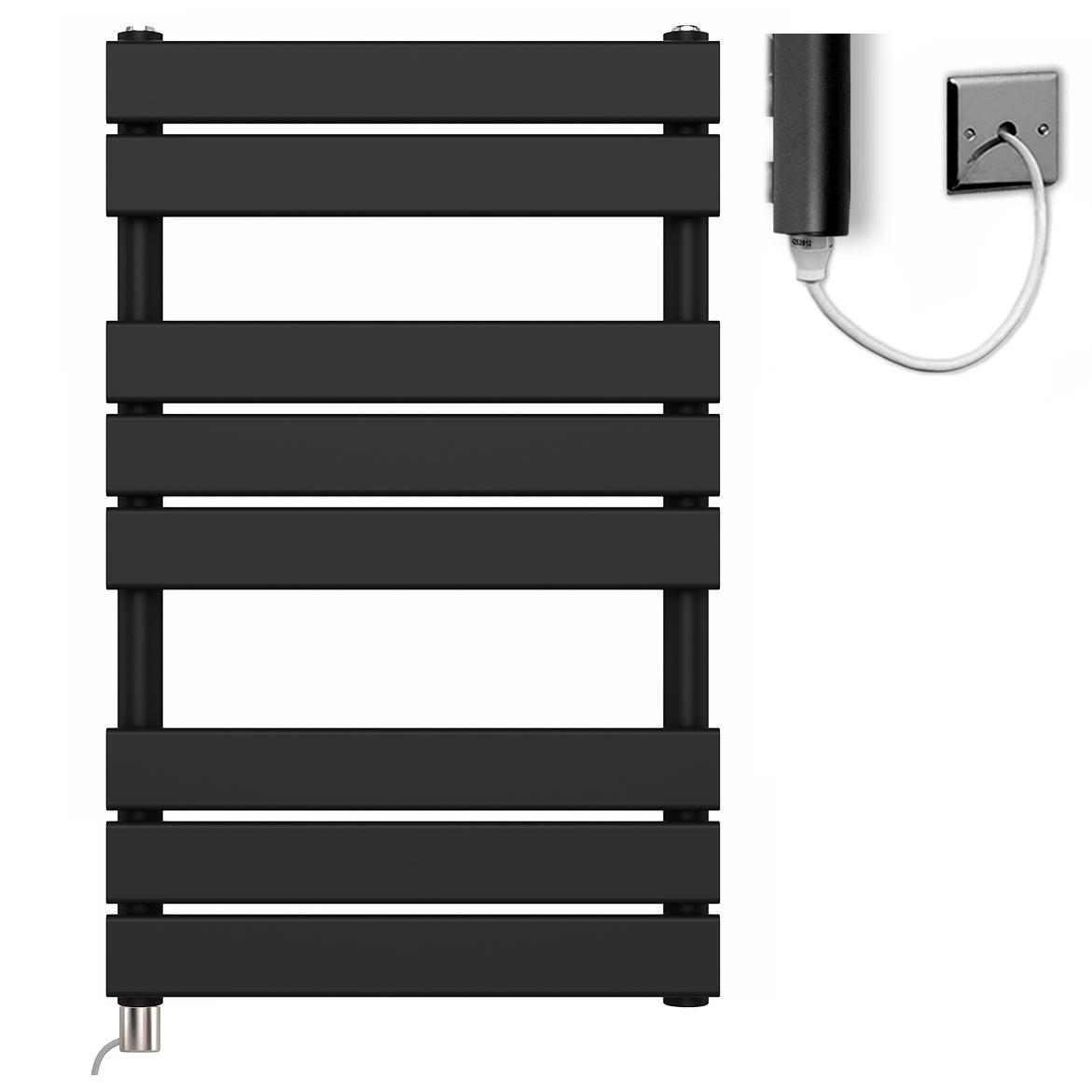  500mm Wide  x 800mm Matt Black Designer Bathroom Electric Heated Panel Towel Rail Radiator