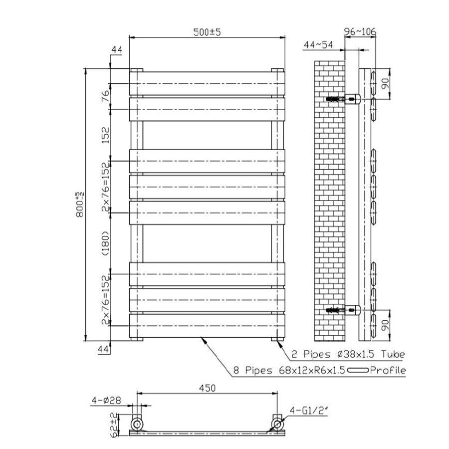  500mm Wide  x 800mm Shiny Gold Designer Bathroom Heated Panel Towel Rail Radiator