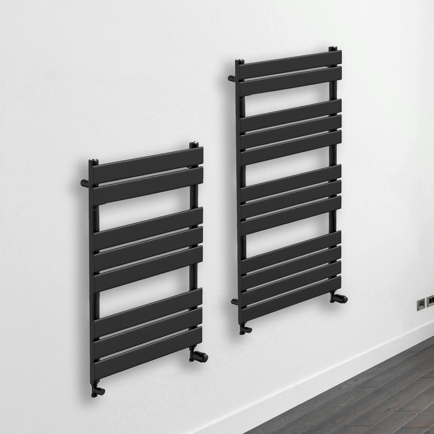  Dual Fuel 500 x 1200mm Flat Panel Matt Black Heated Towel Rail - (incl. Valves + Electric Heating Kit)