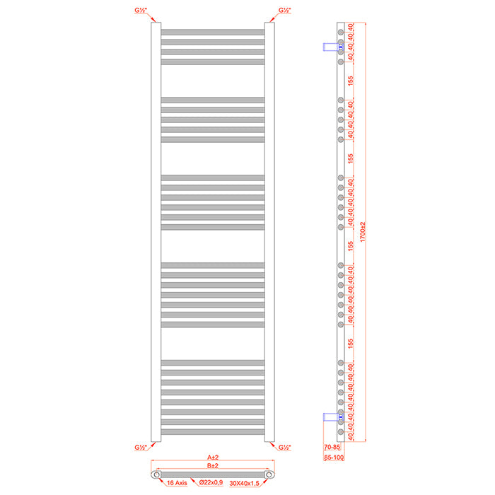  Dual Fuel 550 x 1700mm Straight Anthracite Grey Heated Towel Rail - (incl. Valves + Electric Heating Kit)