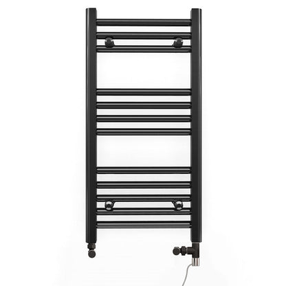  Dual Fuel 350 x 700mm Straight Matt Black Heated Towel Rail - (incl. Valves + Electric Heating Kit) 