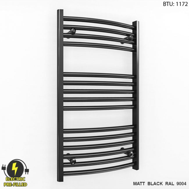  400mm Wide - 800mm High Curved Black Electric Heated Towel Rail Radiator