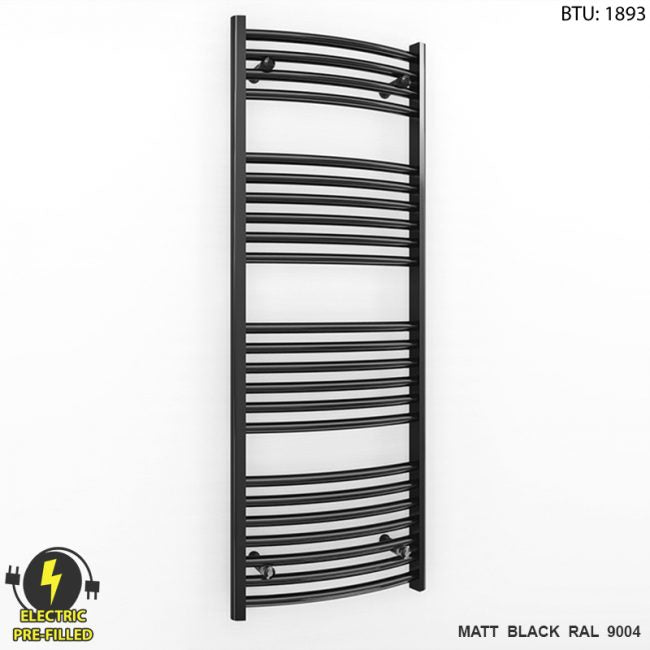  450mm Wide - 1200mm High Curved Black Electric Heated Towel Rail Radiator