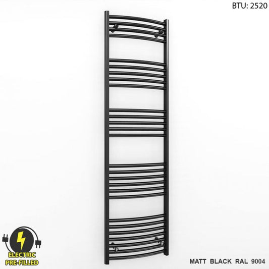 500mm Wide - 1600mm High Curved Black Electric Heated Towel Rail Radiator 