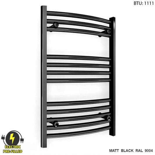 500mm Wide - 700mm High Curved Black Electric Heated Towel Rail Radiator 