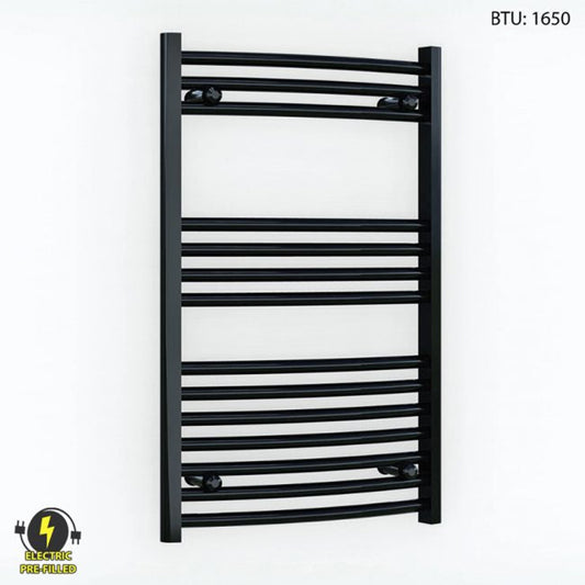 500mm Wide - 800mm High Curved Black Electric Heated Towel Rail Radiator 25mm Tube 