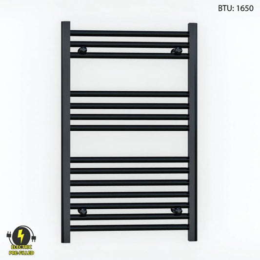 500mm Wide - 800mm High Flat Black Electric Heated Towel Rail Radiator 25mm Tube 