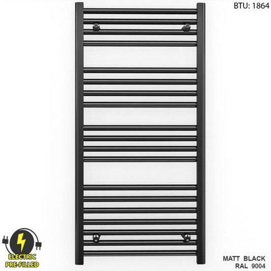 600mm Wide - 1000mm High Flat Black Electric Heated Towel Rail Radiator 