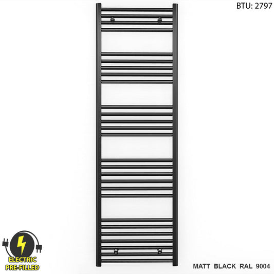 600mm Wide - 1600mm High Flat Black Electric Heated Towel Rail Radiator 