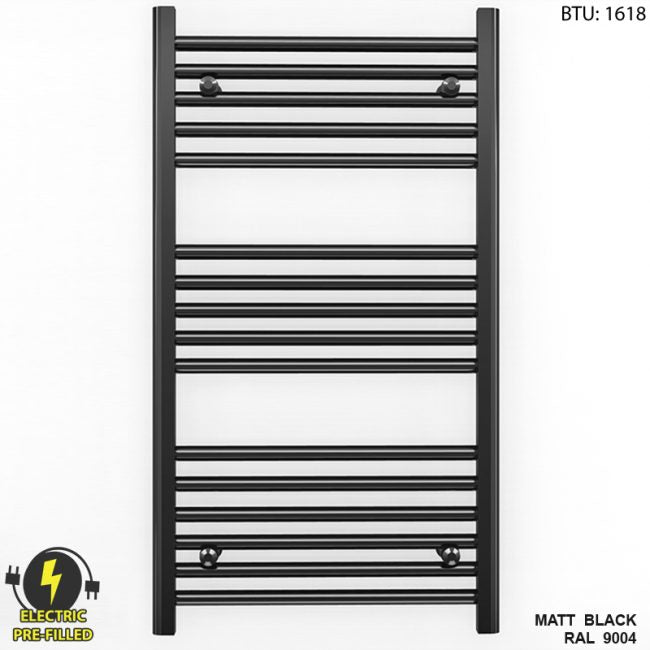  600mm Wide - 900mm High Flat Black Electric Heated Towel Rail Radiator