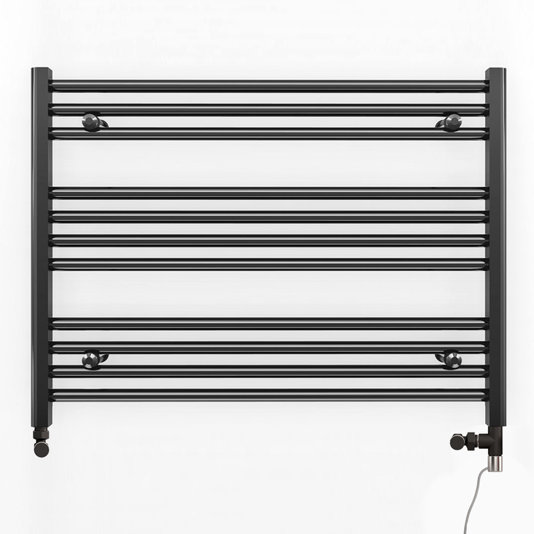 Dual Fuel 700 x 600mm Straight Matt Black Heated Towel Rail incl. Valves Electric Heating Kit