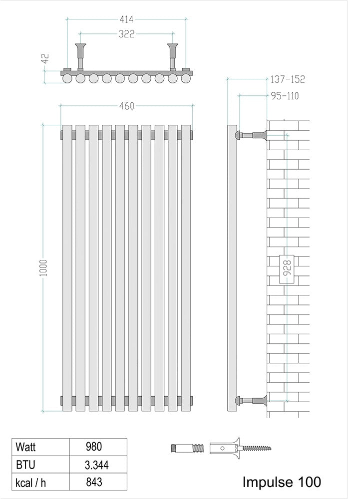  460 x 1000mm Impulse - Stainless Steel Brushed Chrome Designer Towel Rail Radiator