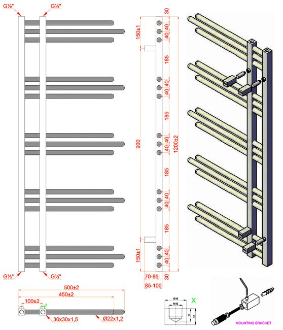  Dual Fuel 500 x 1200mm Straight Matt Black Designer Heated Towel Rail Radiator- (incl. Valves + Electric Heating Kit)