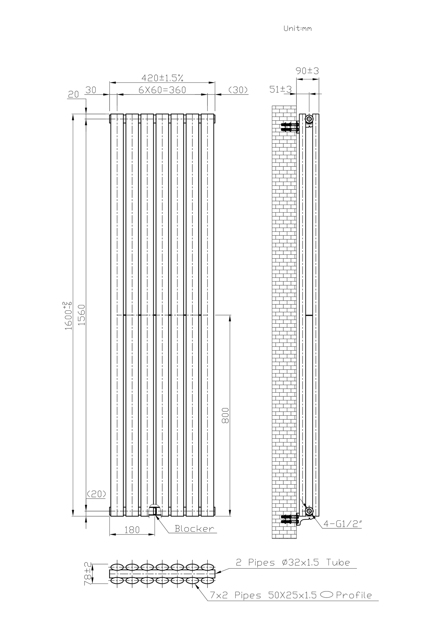  420mm x 1600mm Black Designer Vertical Double Column Radiator, 4607 BTU