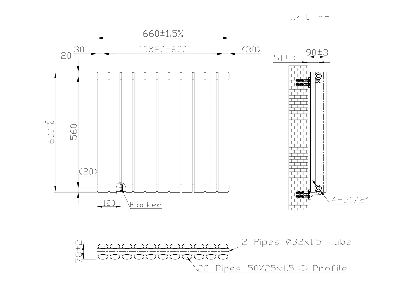  660mm x 600mm Anthracite Gray Designer Horizontal Double Column Radiator, 2851 BTU