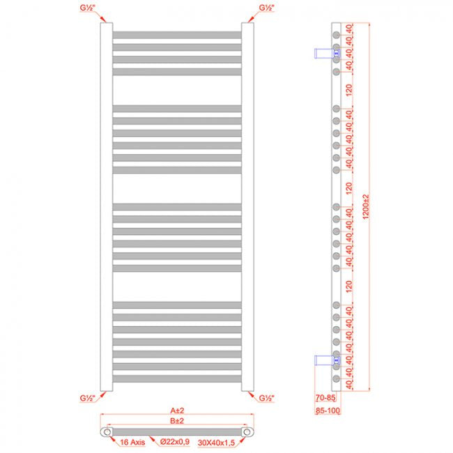  500mm Wide - 1200mm High Flat Chrome Electric Heated Towel Rail Radiator