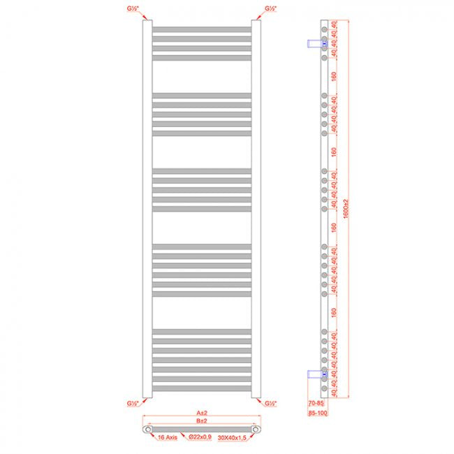  500mm Wide - 1600mm High Shiny Gold Heated Towel Rail Radiator