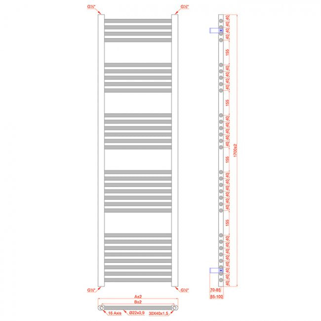  550mm Wide - 1700mm High Flat Black Heated Towel Rail Radiator