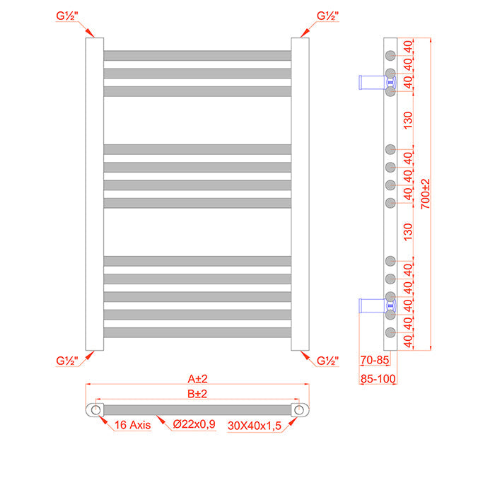  Dual Fuel 500 x 700mm Matt Black Curved Heated Towel Rail - (incl. Valves + Electric Heating Kit)